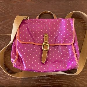 Fossil Purple Crossbody Messenger Bag Purse with Flap Leather Canvas Tan Purple